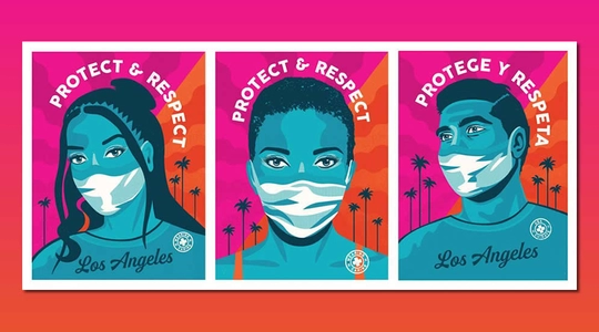 Posters showing people wearing masks for LA&#039;s &quot;Protect and Respect&quot; campaign