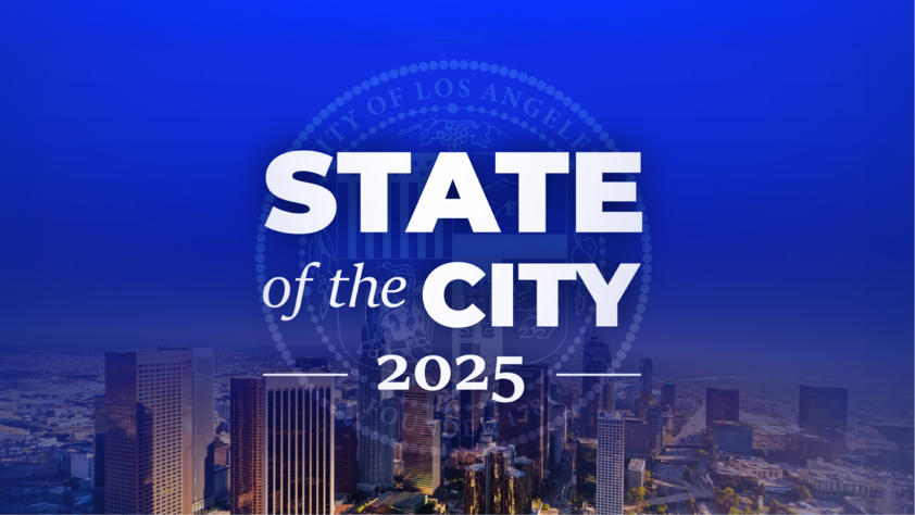 State of the City Logo with the City Seal Overlayed on a the City of Los Angeles